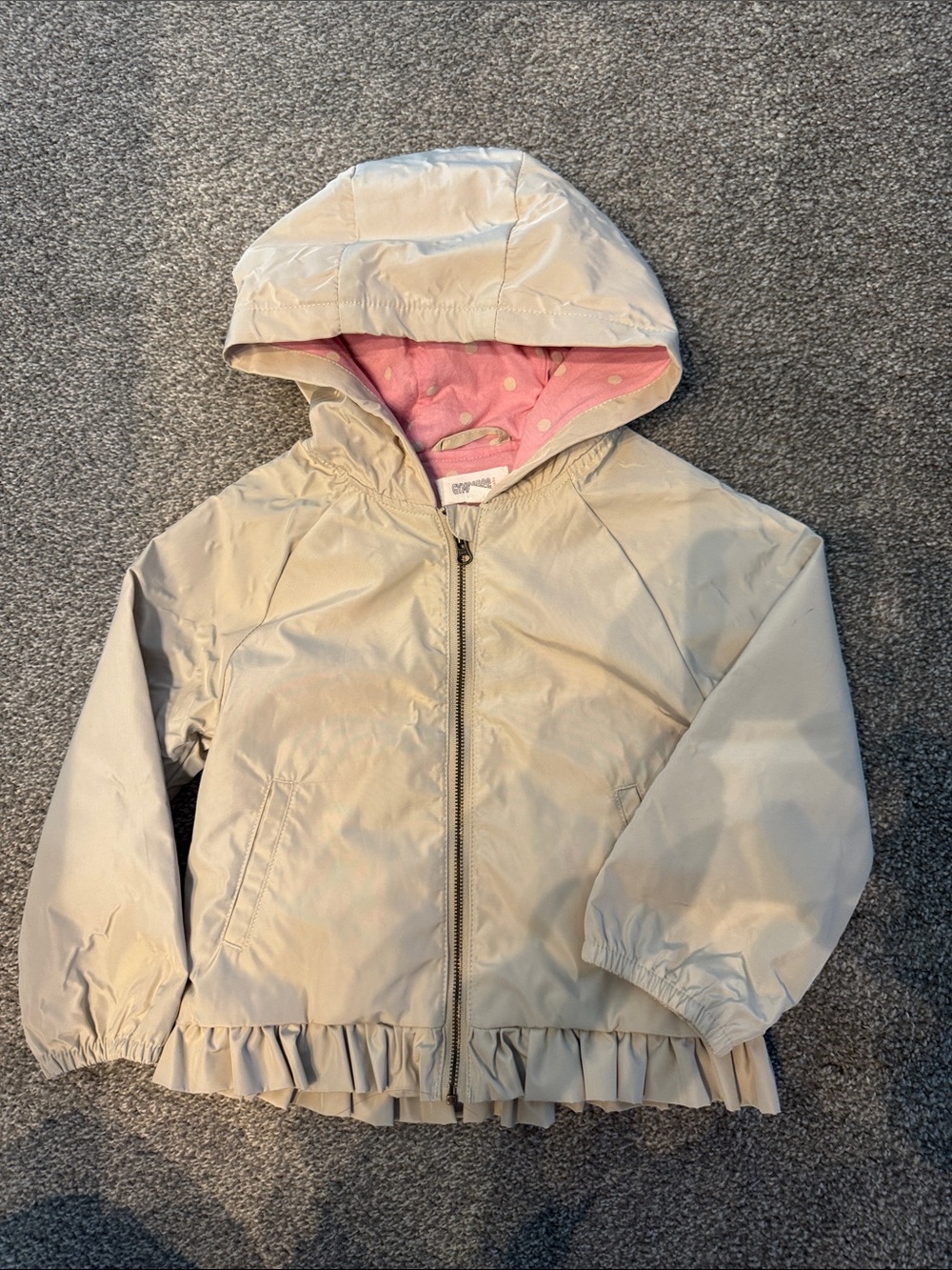 Gymboree Cream Hooded Raincoat with Pink Polka-Dot Lining and Ruffle Hem